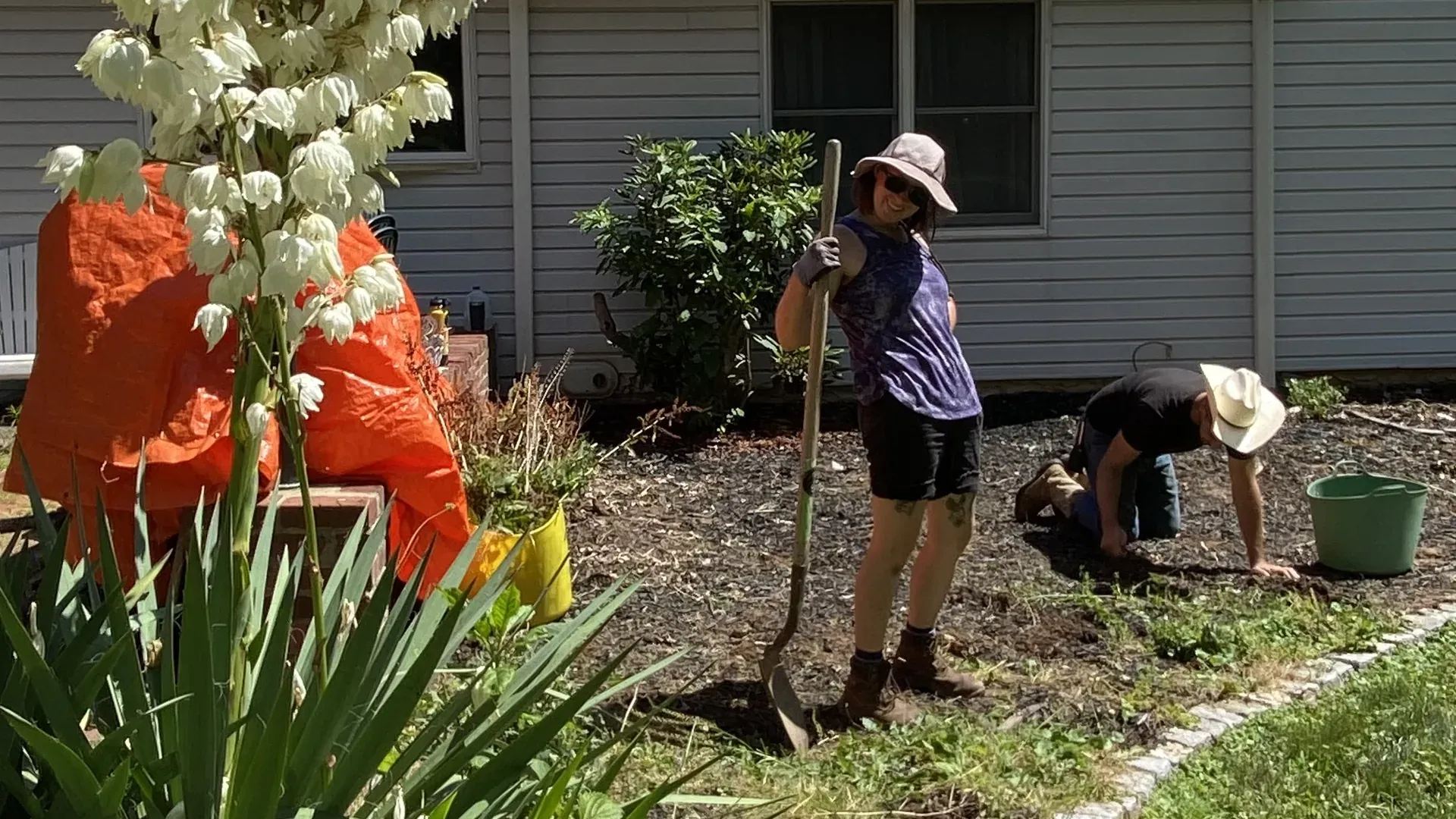 Two gardeners at work in a freshly mulched bed on a bright day — one standing with a spade, the other kneeling to plant — beside a yucca in full cream bloom