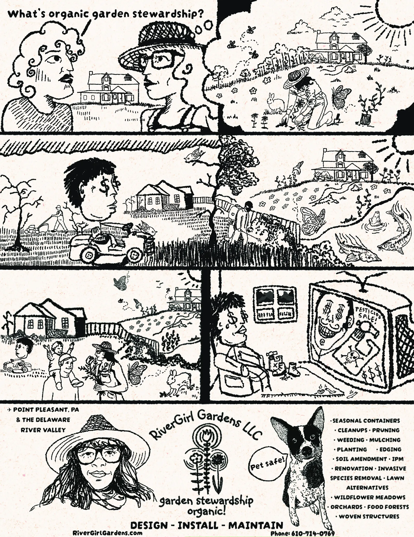 Novalee’s one-page comic “What’s organic garden stewardship?” — six hand-drawn panels answering the question, setting a sprayed, close-mown lawn against a living garden full of pollinators, over a strip of RiverGirl Gardens details. Described panel by panel below the image.